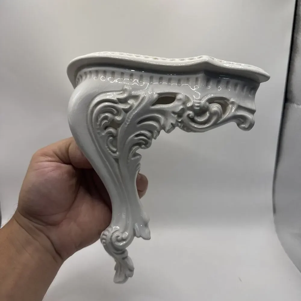 White Porcelain Wall Shelf With Detailed Baroque Style Corbels & Rope Border